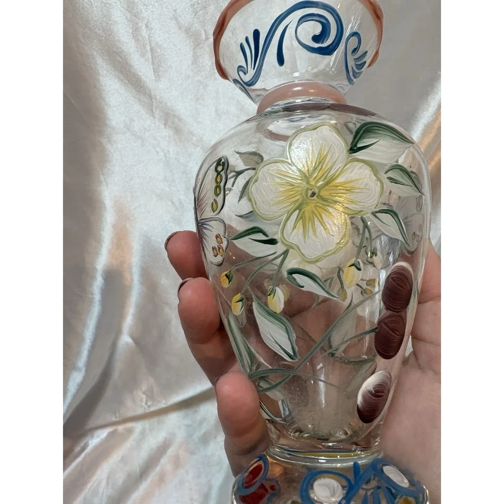 Vintage Tracy Porter Hand Painted Glass Floral Butterfly Bud Vase Ruffled edge